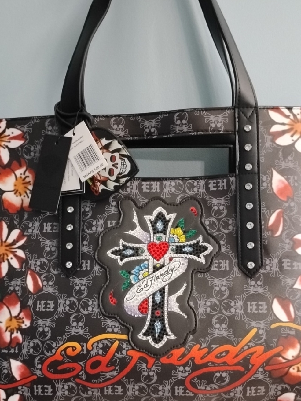 Ed Hardy Black Floral Tote with Cross Patch and Orange Script - Picture 3 of 6